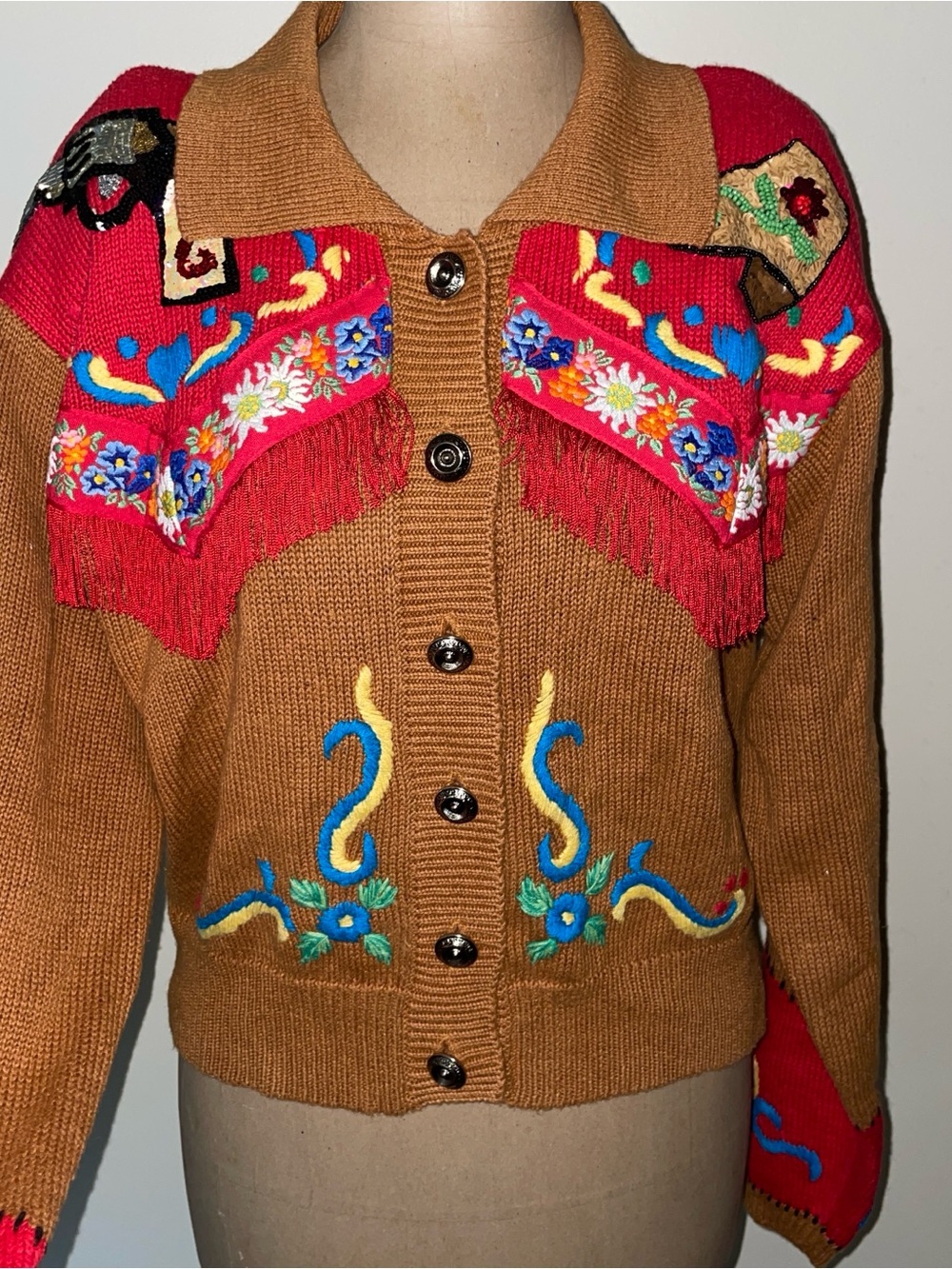 Embroidered Brown & Red‎ Fringe Button-Up Cardigan - Picture 2 of 10